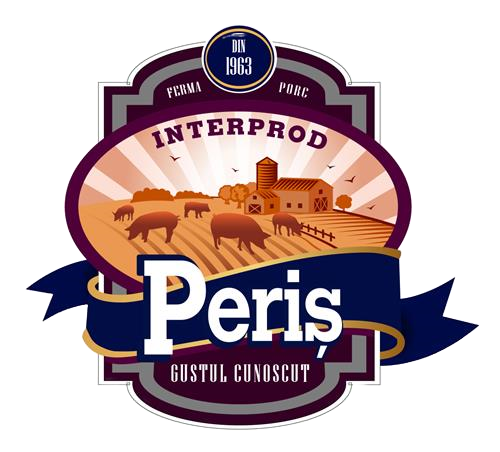 Imaginea arata logo-ul pentru firma interprod Peris, unde sunt mai multi purcelusi care pasc pe o campie in fata unei ferme